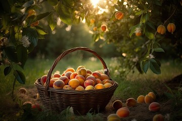 Ripe peaches under the sun, lush nature. ????, generative IA