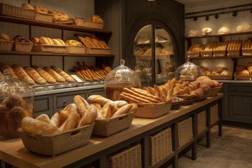 Gordijnen Busy bakery displaying fresh and irresistible delights., generative IA © Gabriel