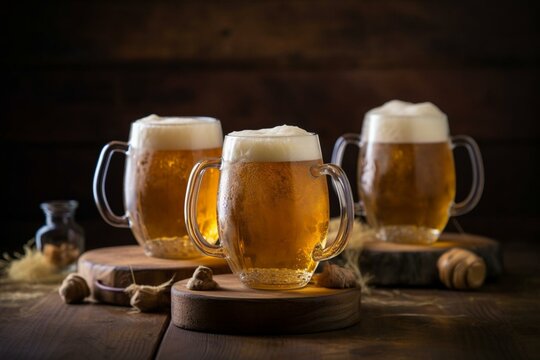 Mugs of chilled beer with frothy head on wooden table. Generative AI