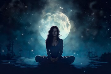 Abstract woman are meditating at blue full moon with star in dark background | Generative AI