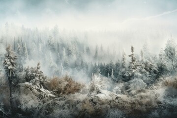 Obraz na płótnie Canvas Abstract misty forest landscape in panoramic watercolor with frozen taiga. Long and wild nature scene. Generative AI