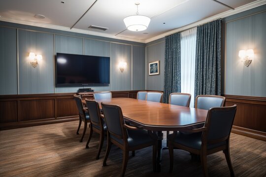 Meeting room with mahogany table and modern equipment., generative IA