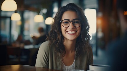 Smiling female writer wearing glasses. - obrazy, fototapety, plakaty