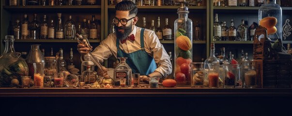 Bartender making coctail in pub, Alcohol mojito barman prepare.