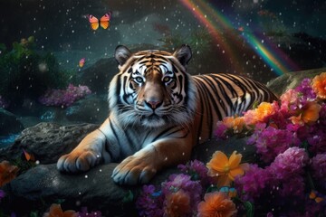 Fluffy tiger rests under rainbow of flowers, surrounded by beauty., generative IA