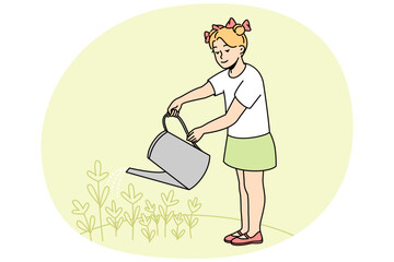 Little girl child holding can watering flowers in garden. Happy kid take care of plants outside. Gardening and horticulture. Vector illustration.