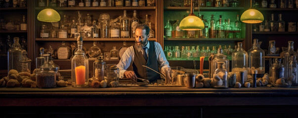 Bartender making coctail in pub, Alcohol mojito barman prepare.