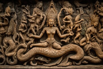 Naga queen surrounded by guardians in underground kingdom. Mystical serpents emerge. Majestic and enigmatic., generative IA