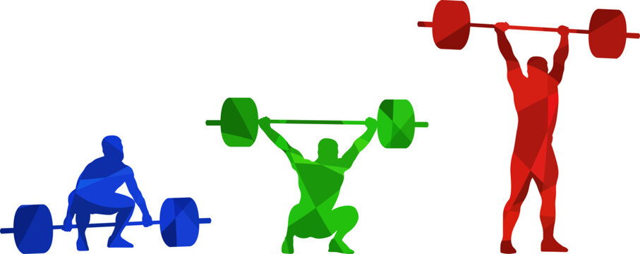 Set of silhouettes of weightlifting athletes on white background. Isolated vector colored images. Abstract blue, green and red vector image of powerlifting sportsmen.	