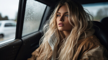 Obraz na płótnie Canvas Woman inside a cozy car, driving in a raining day. Generative AI