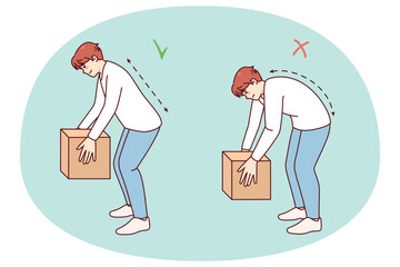 Correct technique of lifting heavy packages. Man lift box wrong and right. Back health safety concept. Flat vector illustration.