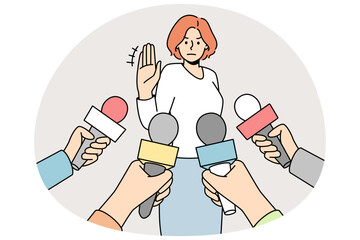 Woman make no comment gesture at interview with reporters. Determined female show stop hand sign refuse talk with journalists. Vector illustration.