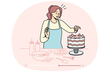 Female food blogger shooting cake recipe on online channel. Woman vlogger make live stream of dessert baking. Homemade bakery. Vector illustration.