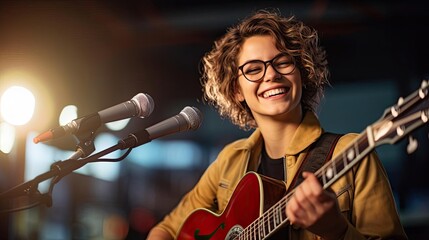 Obraz premium Smiling female musician wearing glasses.