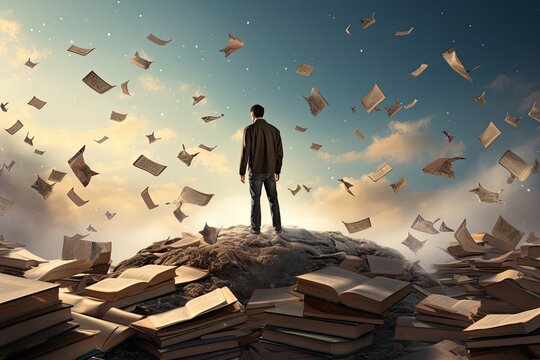 Back view of businessman standing on pile of books and looking at sky, A man standing on an open book. floating pieces of the book above him. dyslexia concept, AI Generated - Powered by Adobe