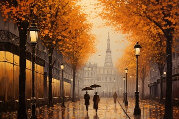 Digital painting of a young woman walking in the street in Paris, France, A painting of a Paris street in autumn with a man walking under the trees and lanterns, AI Generated