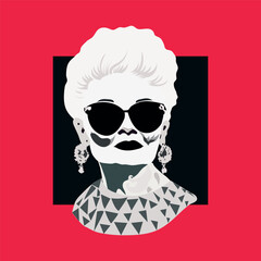 Stylish elderly woman dressed in fashionable  sunglasses. Cool glamorous mature female stylized art portrait  on a bright pink background with a black square. Fashion and style. Creative vector 