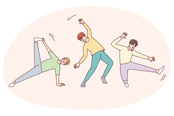 Smiling boys children dancing together. Happy guys have fun engaged in dancer activities. Hobby and entertainment concept. Vector illustration.