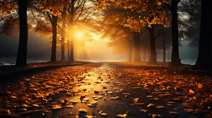 Gordijnen The road in the park strewn with autumn leaves. Autumn landscape of the long road. autumn concept. © zamuruev