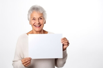 Isolated senior gray-haired woman holding white empty paper sheet with space for text.