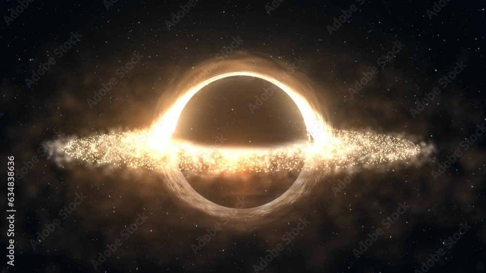 Poster bright black hole in open space with spinning energy particles, cosmic sphere in yellow color glowin