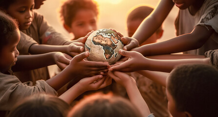 International day of peace concept. African Children holding earth globe.  Group of African children holding planet earth planet earth over defocused nature background with copy space.  - obrazy, fototapety, plakaty