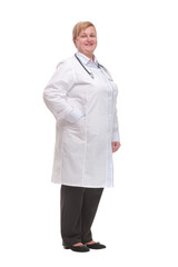 Side view of smiling female doctor with hands in her