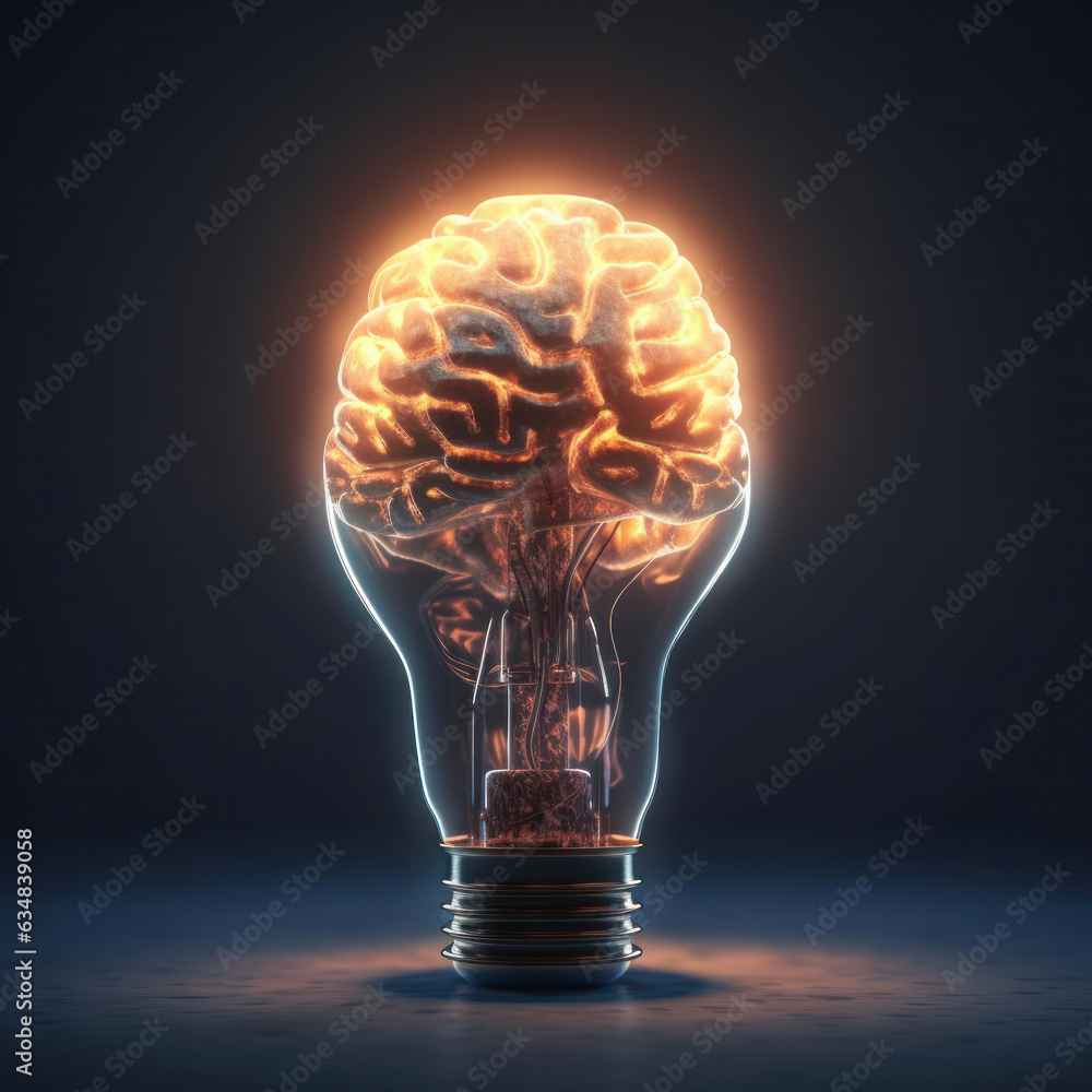 Poster a glowing brain in a light bulb symbolizes the power of ideas and innovation in technology. is ai ge