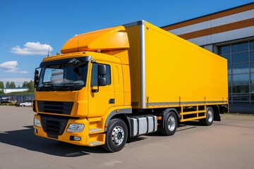 Fototapeta na wymiar Bright yellow-orange cargo truck departing from a warehouse with a trailer loaded full of cargo. AI
