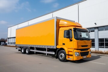 Bright yellow-orange cargo truck departing from a warehouse with a trailer loaded full of cargo. AI