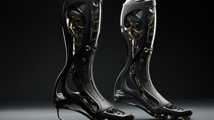Futuristic bionic leg close up. Imagine a bionic leg prosthesis that redefines human-machine interaction. Inclusion concept.