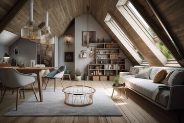 Unique, colorful, and cozy Scandinavian Viking inspired interior design for home renovation. Generative AI