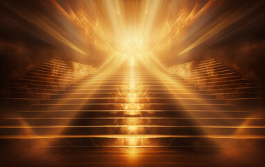 Abstract golden light rays scene with stairs