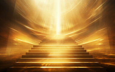 Abstract golden light rays scene with stairs