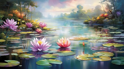  a painting of water lilies and lily pads in a pond.  generative ai - obrazy, fototapety, plakaty