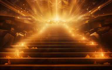 Abstract golden light rays scene with stairs