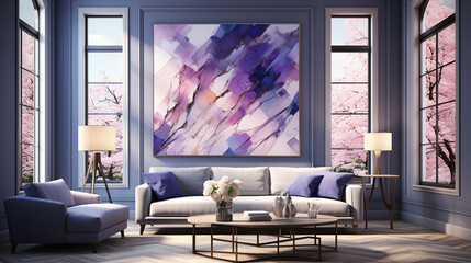 Interior of modern living room in Lilac violet purples tone. Modern designer furniture in purples. Created with Generative AI