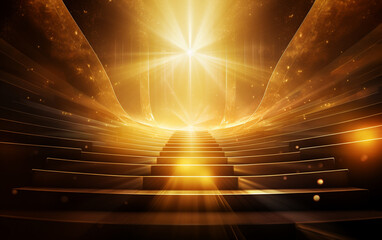 Abstract golden light rays scene with stairs