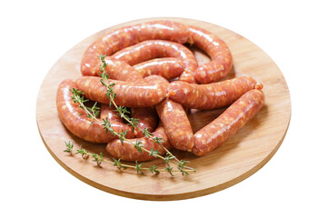 Fresh sausages on a chopping board isolated on transparent background
