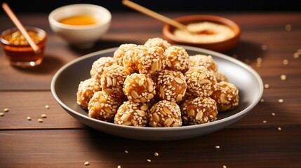  a plate of sesame seed balls on a table with a bowl of honey in the background.  generative ai