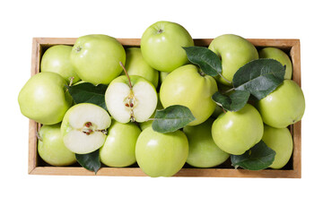 fresh green apples in a wooden box isolated on transparent background, top view