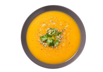 plate of pumpkin soup with parsley isolated on transparent background,  top view - 634840480