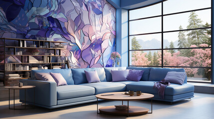 Interior of modern living room in Lilac violet purples tone. Modern designer furniture in purples. Created with Generative AI