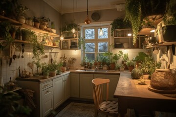 Fototapeta na wymiar Cozy kitchen with plants and gentle lighting. Generative AI
