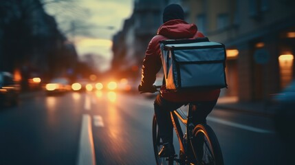 Ai generative image of food delivery man riding a bicycle on a city street with a large backpack on sunset