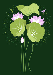 Vector background with pink lotuses and green leaves on a dark background. Stylish design template with lotuses. Flower Nelumbo nucifera for postcards, banners, invitations, cover design