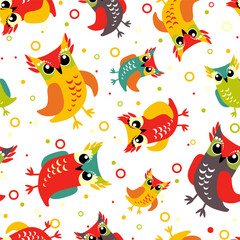 Pattern with owls, birds. A pattern of bright dreams. The birds are made in a flat style.