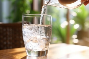 Close up pouring purified fresh drink water
