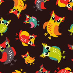 Pattern with owls, birds. A pattern of bright dreams on a dark background. The birds are made in a flat style.