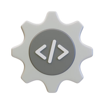 3d minimal program development concept. gearwheel with coding icon. 3d illustration.